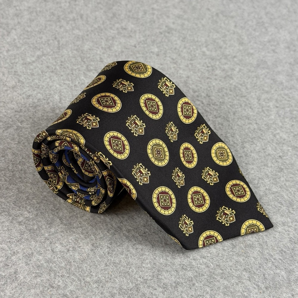 Vintage Tommy Hilfiger Silk Tie Made USA Crest Medallion Black Blue 90s 56x3.9"